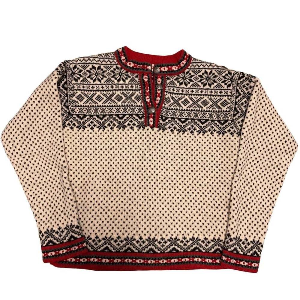 Vtg L.L.Bean Sweater Womens Small White Merino Wool Fair Isle Henley Ski Nordic